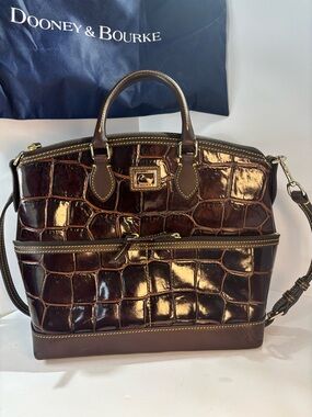 Dooney & Bourke Glossy Croc-Embossed Dark Expresso Brown Leather Satchel